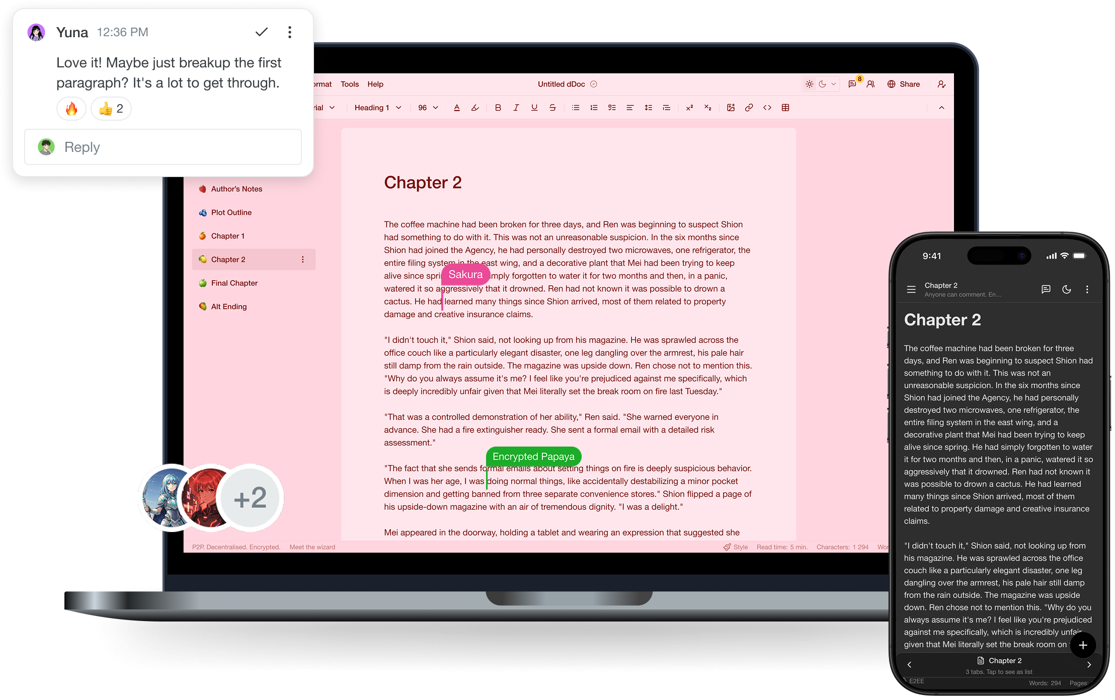 A fanfiction draft open on laptop and mobile with collaborative comments